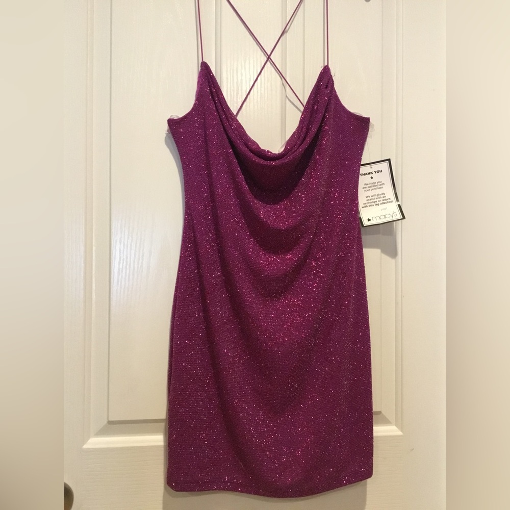B. Darlin Spaghetti Strap Cowl Neck X-Back Sequin  Dress